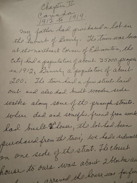 A handwritten page of Richard Lindgren's memoir, Chapter II, Canada, 1912 to 1919